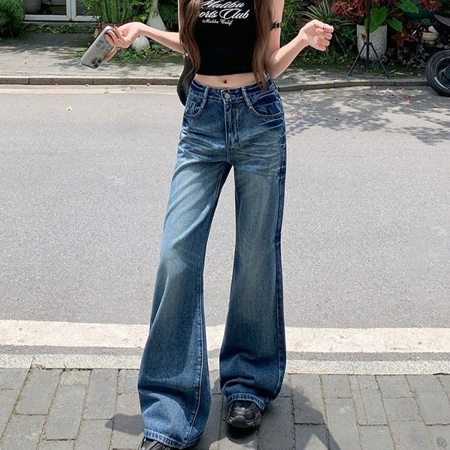 梨卡 女裝 復古刷白低腰喇叭牛仔褲 寬鬆拖地褲 S-XL