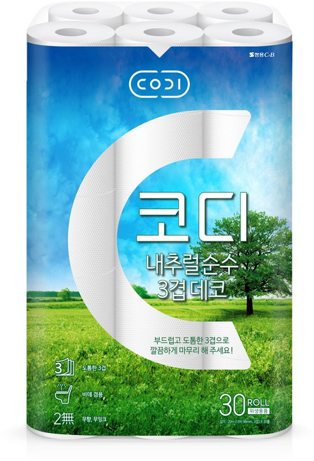 쌍용C&B 코디 코디 내추럴순수 3겹데코 화장지, 1개, 30롤