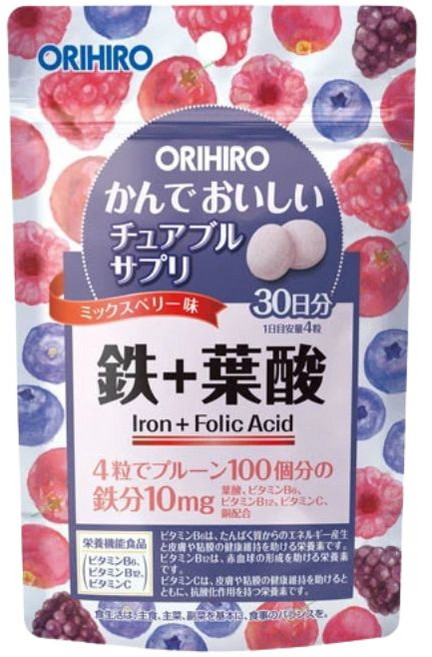 ORIHIRO 維他命C 藍莓 葉黃素 鐵 葉酸 膠原蛋白 水果糖 30日份, 1個, 莓果鐵＋葉酸, 120顆