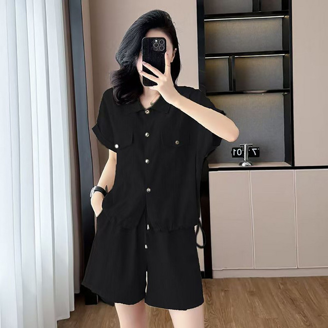 IWMAFT 여성용 여름용 반팔 셔츠 반바지 세트 루즈핏 포켓 포인트 캐주얼 투피스 OP543