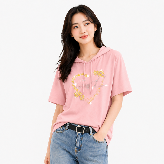 빌리즈빈 여성 캐주얼 큐빅 반팔 후드 티셔츠 G1247