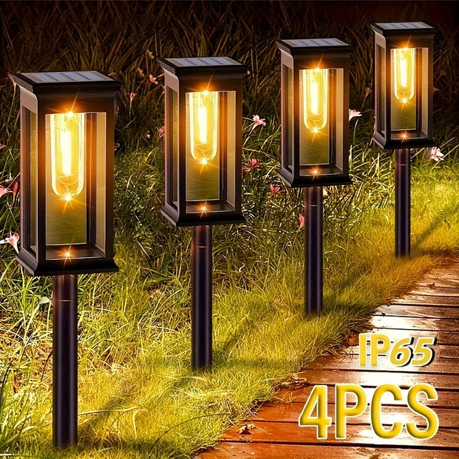 SOLAR 4PCS 태양광 4개 세트 정원등 LED 야외조명 IP65 방수잔디등 4각 말뚝형 조경등, 태양광 잔디 조명 4개