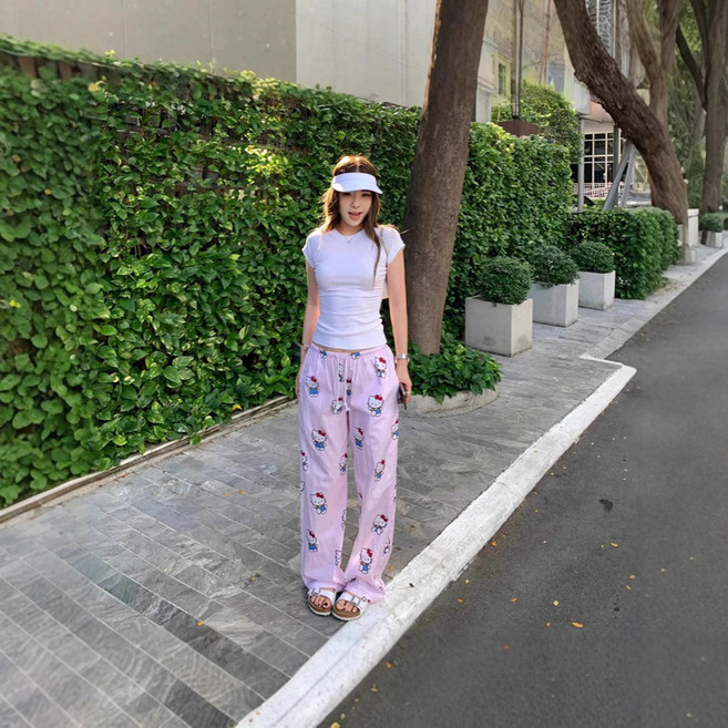 Sorpci 여자 헬로키티 잠옷 바지 데일리 산책 밖에서 입을 수 있는 바지