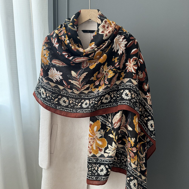 소울린느 아사면소재 빈티지 내추럴 문양 고급스러운 대형 빅사이즈 망토형 숄 스카프 (3colors)