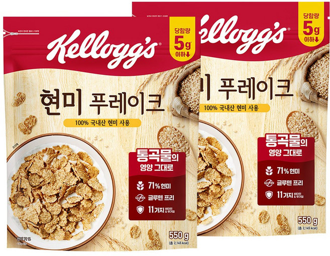 켈로그 담백한 현미 푸레이크 시리얼, 550g, 2개