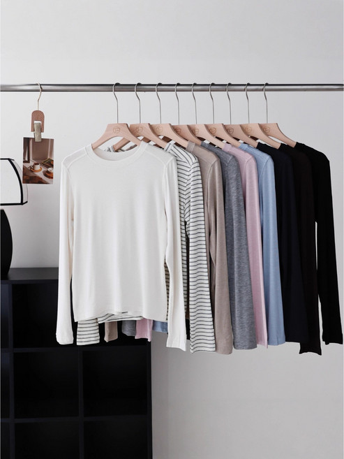 로비엘 프리미엄 텐셀 울혼방 라운드넥 얇은긴팔 데일리 기본티