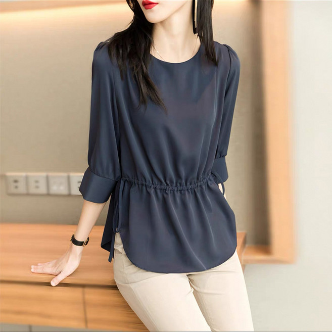 PETITBATH여성 블라우스 라운드넥 밴딩 허리 7부 소매 셔츠WZS60223