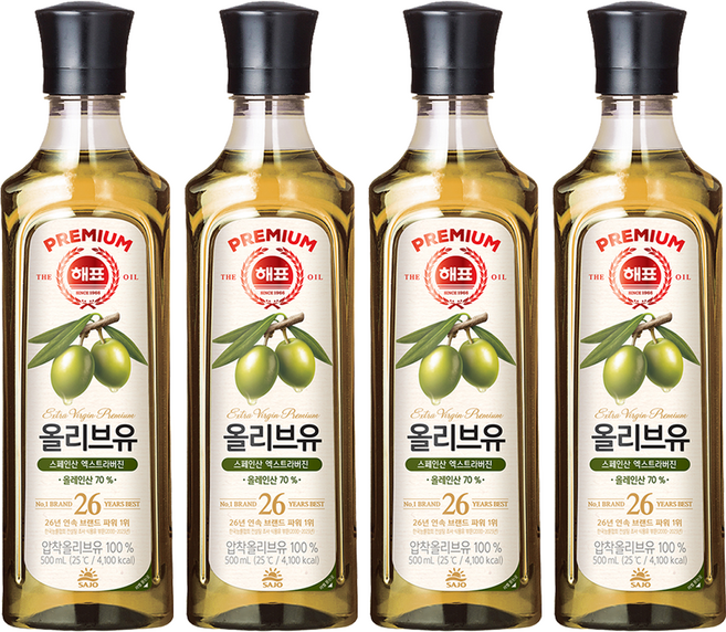 해표 압착 올리브유, 4개, 500ml
