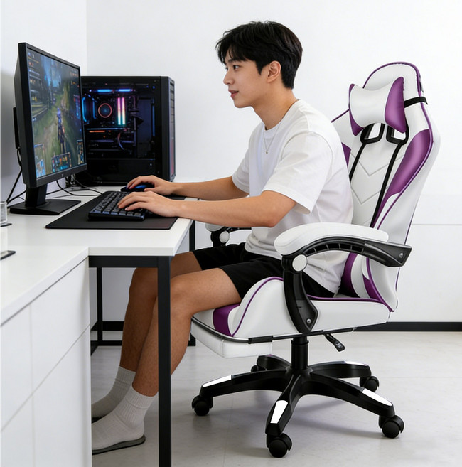 게이밍 의자 리클라이너 컴퓨터 의자 각도조절 편한 사무용 의자 인체공학 발받침 포함, 화이트퍼플