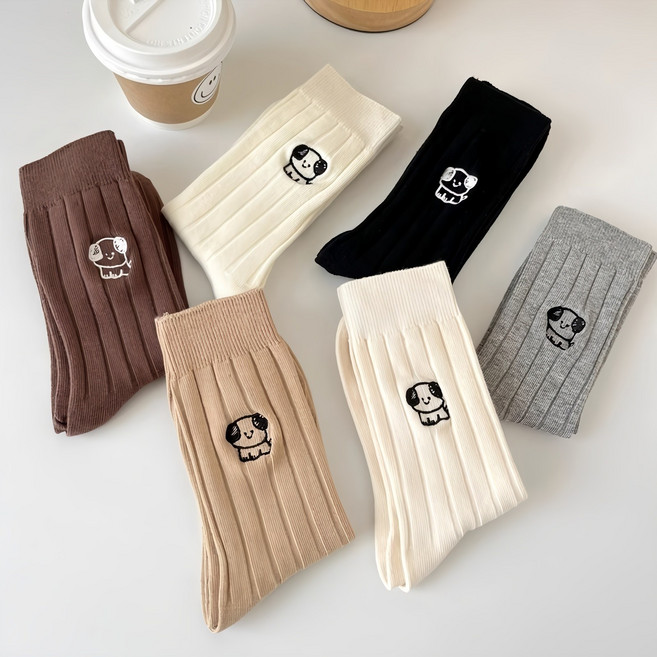 6개1세트 보리보리 여성용 귀여운 강아지 6컬러 중목 양말
