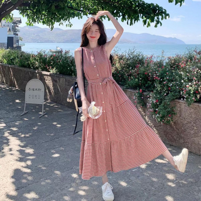 GOYES 여성 민소매 스커트 체크 코디하기 원피스 여름 치마