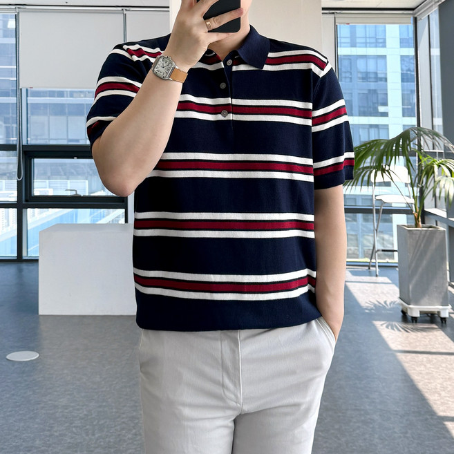 룩플레인 면 백프로 여름 스트라이프 반팔 카라 티셔츠 3color