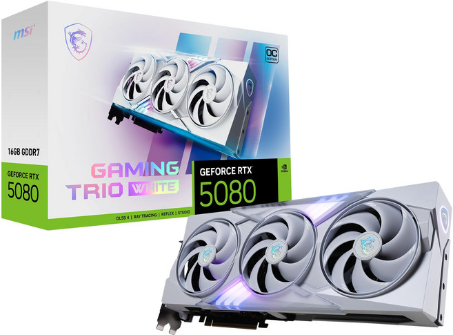 MSI 게이밍 RTX 5080 16G 게이밍 트리오 OC 화이트 그래픽 카드 (16GB GDDR7 256비트 극한 클럭 TBD MHz 디스플레이포트 x 3 2.1a HD, MSI 게이밍 RTX 5080 16G 게이밍 트리오 O