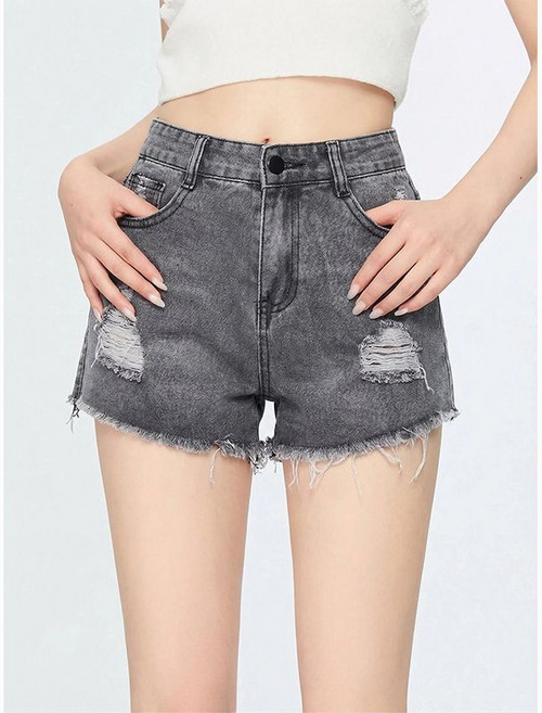灰色復古破洞牛仔短褲熱褲, 1個, 灰色M 建議95-105斤