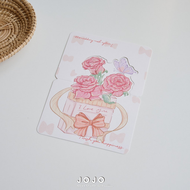 JOJO 清新手繪花束祝福賀卡 對折卡片 邀請卡, 1個, 玫瑰禮盒