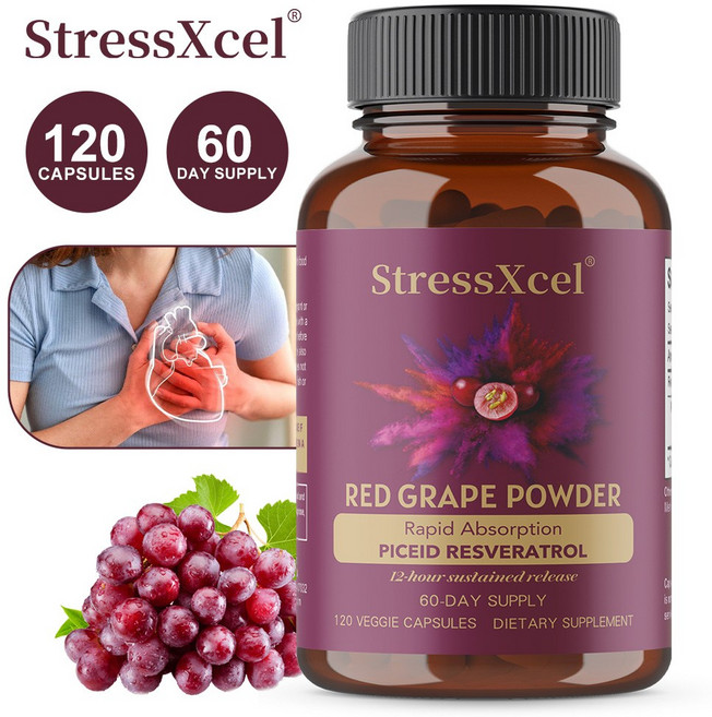 적포도 분말 보충제 레스베라트롤 12시간 서방성 빠른 흡수 심장 건강 지원 혈액 순환 촉진, 2개, 60회분