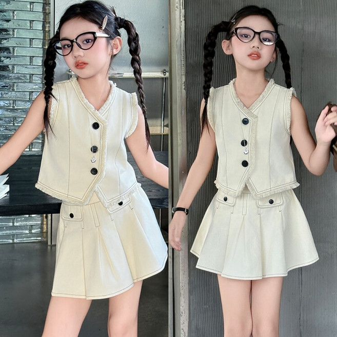 삐삐네옷가게 여아 주니어 크림 민소매 베스트 반바지 상하