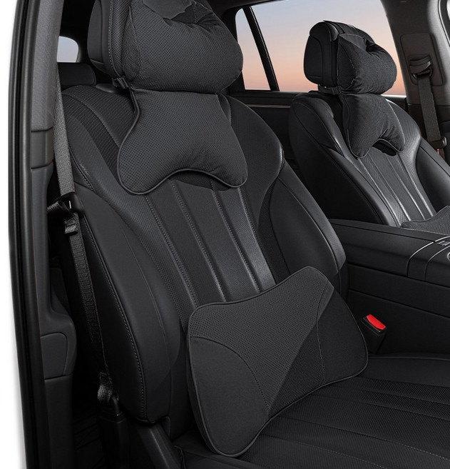 차량용 목쿠션 허리쿠션 프리미엄 요트 가죽 클라우드 솜 메모리폼 숨쉬는 타공 원단 목 보호 쿠션 사계절 공용 통기성 타공 자동차 시트 등받이 쿠션, [럭셔리 블랙] 세트, 1개