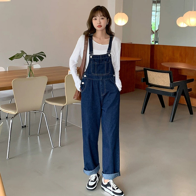 DANGZ 여성 멜빵바지 빅 사이즈 청바지 루즈핏 데님팬츠 통바지