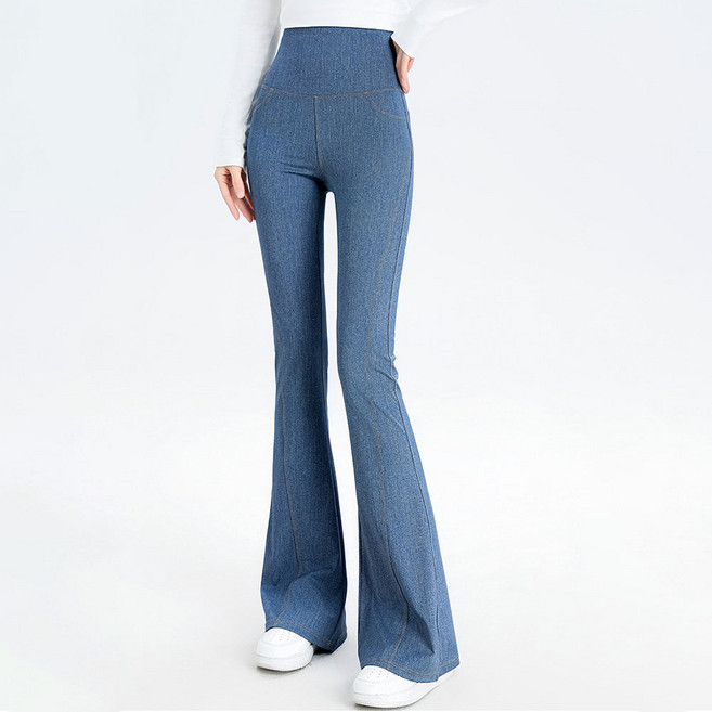 디에이치알 여성용 페이크 데님 부츠컷 레깅스 하이웨스트 슬림핏 나팔 바지 힙업 효과 부츠컷 요가 바비팬츠 캐주얼 팬츠