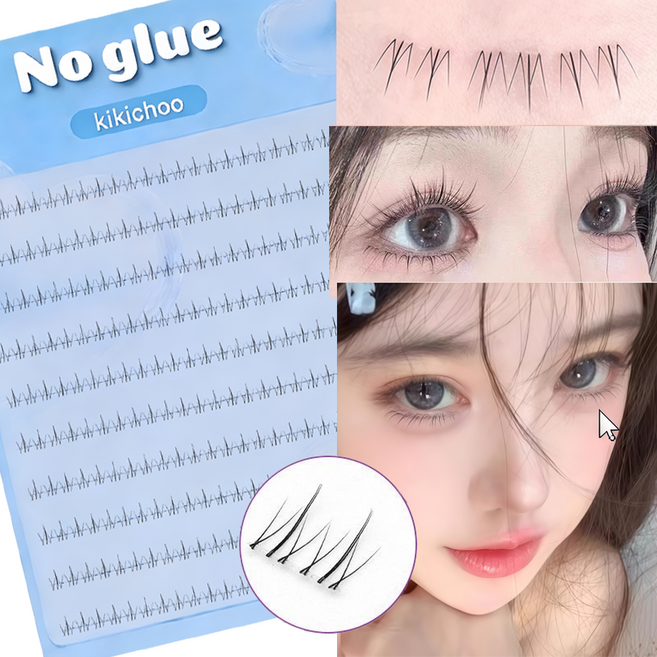 KIKICHOO 노글루 언더 속눈썹 5mm 언더 속눈썹 내추럴 셀프연장 풀 필요없는 가닥 아랫눈썹 투명라인 포인트속눈썹 풀 필요없음 속눈썹 2종 120모 대용량 속눈썹 세트, 1개, 블랙