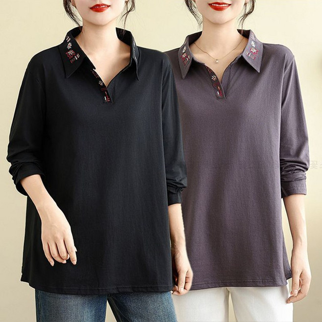 꽃소담 중년여성 루즈핏 Y넥 자수 카라티 봄가을 엄마 박스 면티 긴팔 티셔츠 MAL26A525