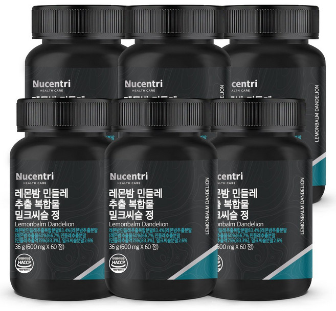 뉴센트리 레몬밤 민들레 추출물 추출 분말 [83.4%] 유기농 밀크씨슬 복합물, 60정, 6개