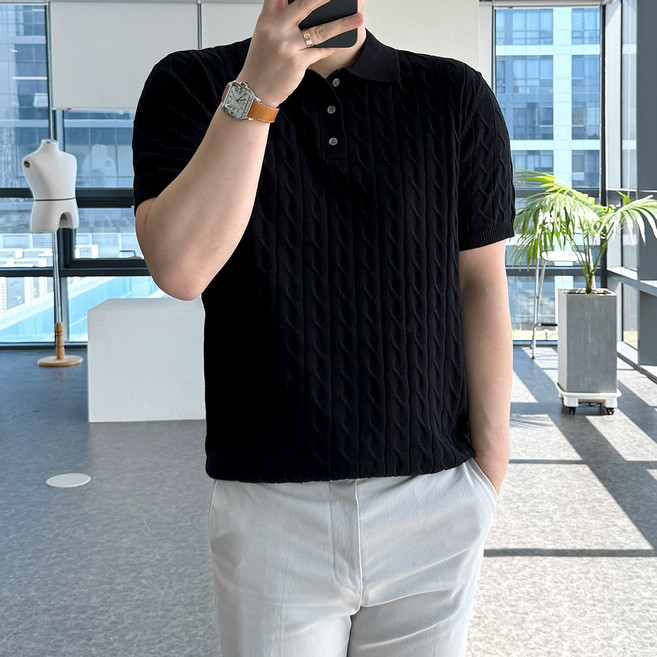 룩플레인 고급스러운 여름 린넨 케이블 반팔 니트 카라 티셔츠 6color