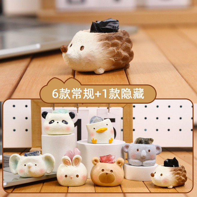 水晶盲盒裝飾辦公桌擺件 可愛卡通原石桌面禮品 招財居家客廳玄關裝飾 交換禮物, 萌物趣多多盲盒【一套不重復】