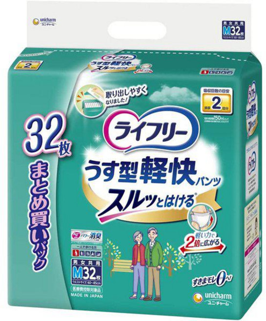 unicharm 유니참 Lifree 라이프리 얇은 깔끔 팬티 M사이즈 [성인용 기저귀 32장], 단일, 1개