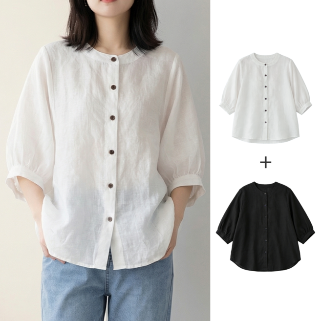 NUNUHANA 여자 여름 면마 셔츠 루즈핏 티셔츠 2P