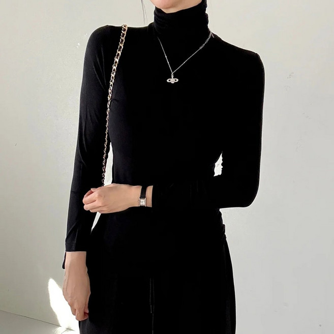 빅걸스토리 빅사이즈 여성 스판 실키 쫄티 폴라 긴팔티