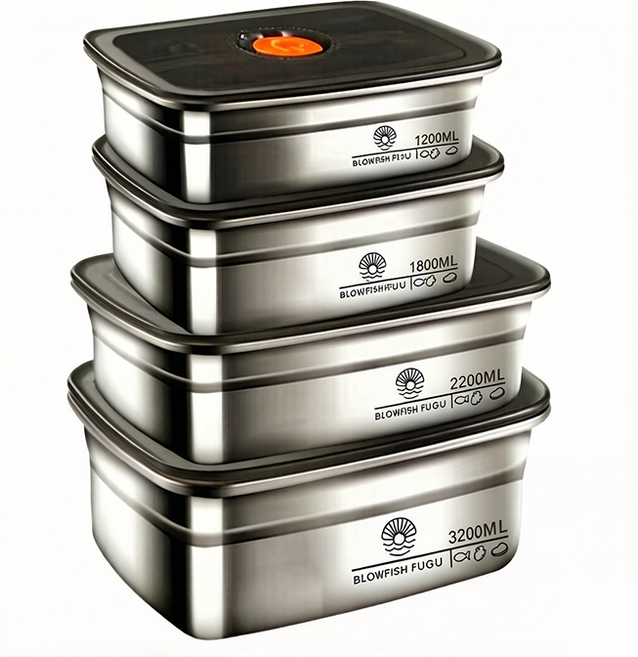 BLOWFISHFUGU 가정용 냉장 냉동 보관용 뚜껑 밀폐 수납 과일 도시락통 1200+1800+2200+3200ml, 1세트