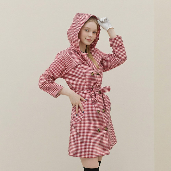 엠엠스포츠 여성 체크 트렌치코트 방수 골프우비 레인코트, 레드, 1개