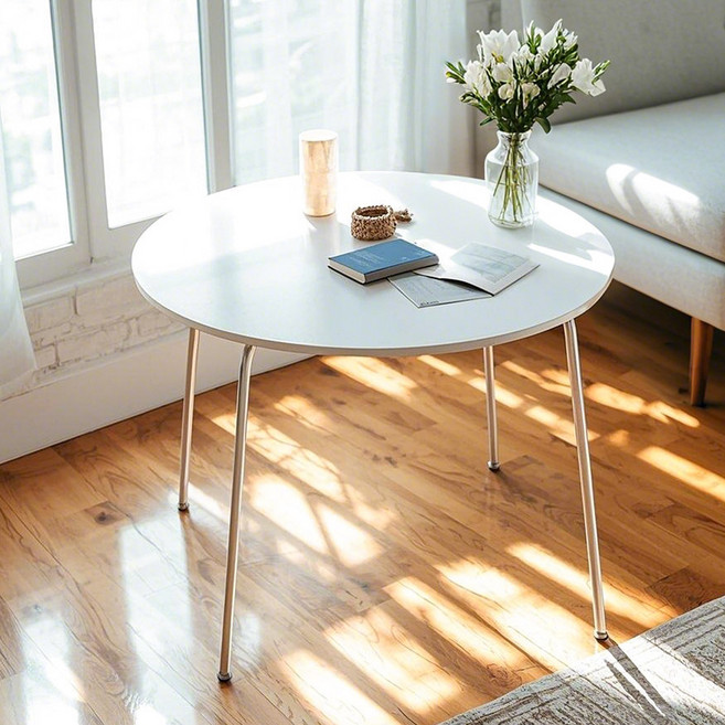 [리비니아] 하임 미드센츄리 모던 크롬 원형 카페테이블 인테리어식탁 800 1000 (실버엣지), 화이트