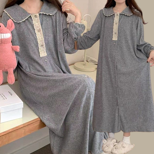 이너퀸 프리수 여성용 빅사이즈 셔츠형 레이스 카라 버튼 단추 오픈 수유 임부 A라인 긴팔 롱 원피스 잠옷 그레이스원피스