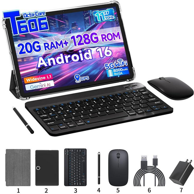 11인치 태블릿 2 in 1 20GB RAM 128GB ROM 안드로이드 16 케이스 키보드 마우스 스타일러스 지원 2TB 확장 가능 13MP 카메라 옥타 코어 프로세서 5G