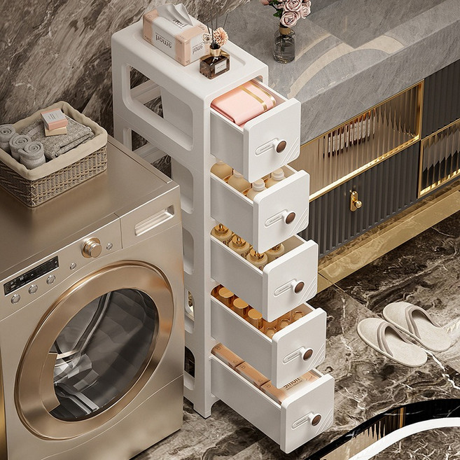 틈새 수납장 화장실용 서랍식 플라스틱 다층 수납 캐비닛 옆장, 1개, 흰색