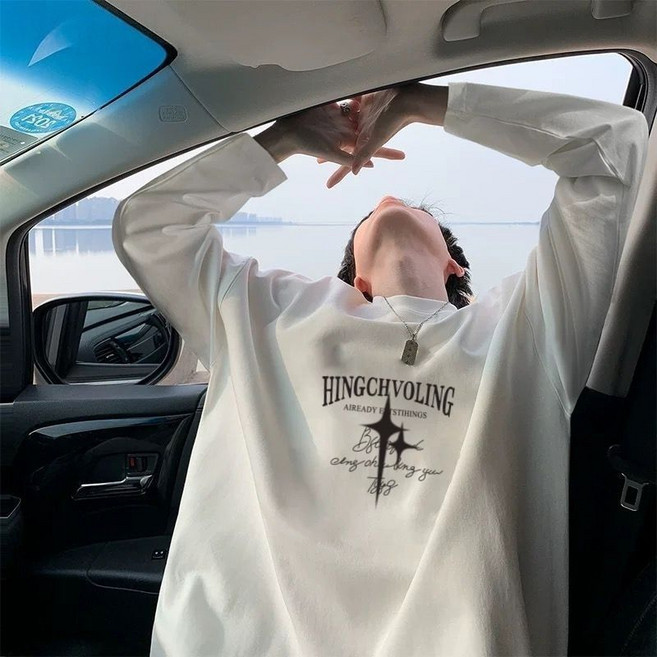 ANYOU 남성 춘추 라운드 맨투맨 긴팔 티셔츠 나염 루즈핏