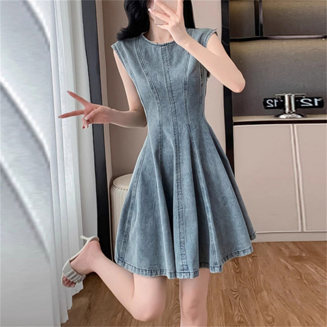 여성 데님 롱 원피스 청 치마 스커트 민소매 나시 플레어 슬림 NQ56