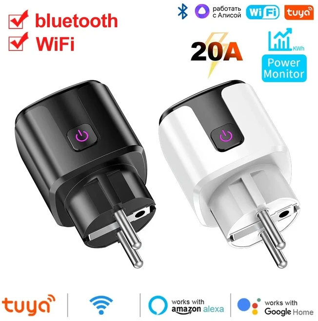 AI 스마트 플러그 원격 제어 콘센트 Tuya Smart EU WiFi + Bluetooth 20A 소켓 (전력 모니터링 타이머 포함) 잠금 Google 홈 Alice SmartT, 1)20A White