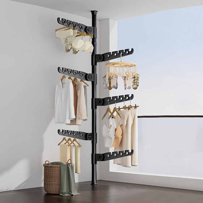 MEFUN 폴행거 무타공 빨래건조대 스탠드형 빨래건조대 접이식 폴행거 높이조절 일자식 옷걸이 접이식날개 공간절약 튼튼한행거, 블랙