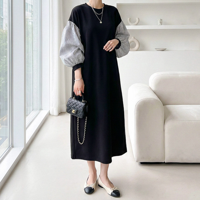 데일리앤 아센 허리 끈 배색 퍼프 소매 빅사이즈 플레어 롱 원피스