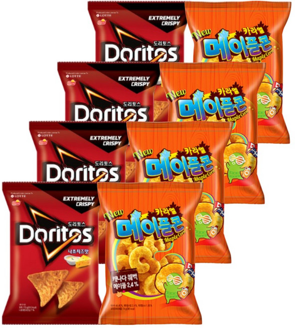 롯데 크라운 과자세트 도리토스 나쵸치즈 84gx4P+카라멜 메이플콘 74gx4P (총8P), 1세트, 632g