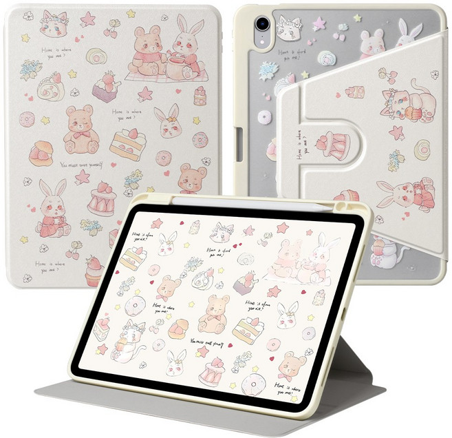 DUNNO 360도 회전 가능 패턴 디자인 아크릴 아이패드 케이스, 아이패드 11세대 A16 11"/ 10세대 10.9", 2-곰과 토끼, 1개