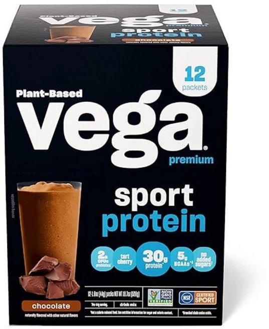 VEGA 베가 SPORT 스포츠 프리미엄 단백질 파우더 초콜릿 비건 식물 기반 30g BCAA 5g 저탄수화물 케토 유제품 프리 글루텐 GMO 여성 및 남성용 완, 1.56 Ounce (Pack of 12), 44g, 12개 - 쿠팡