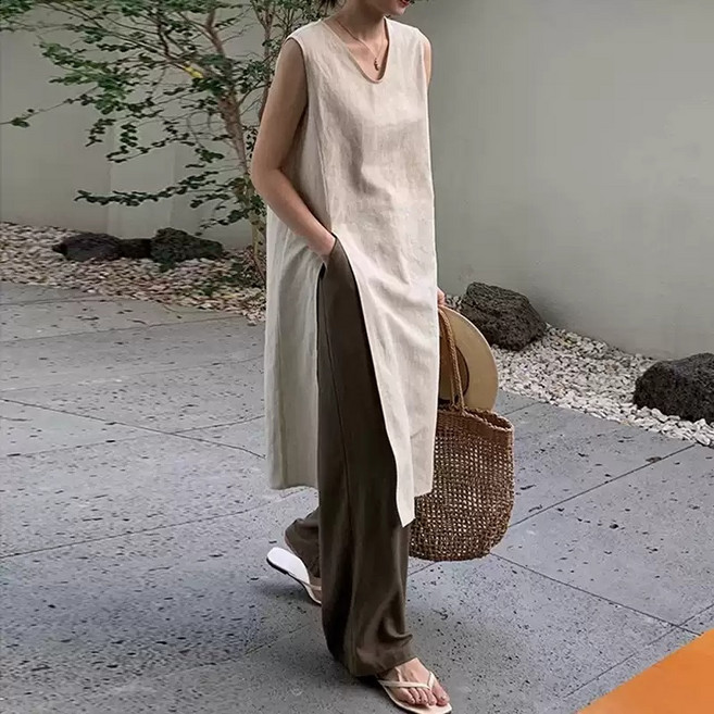 린넨롱베스트 여성 여름 캐주얼 조끼 마 슬릿 단색 린넨 시원한
