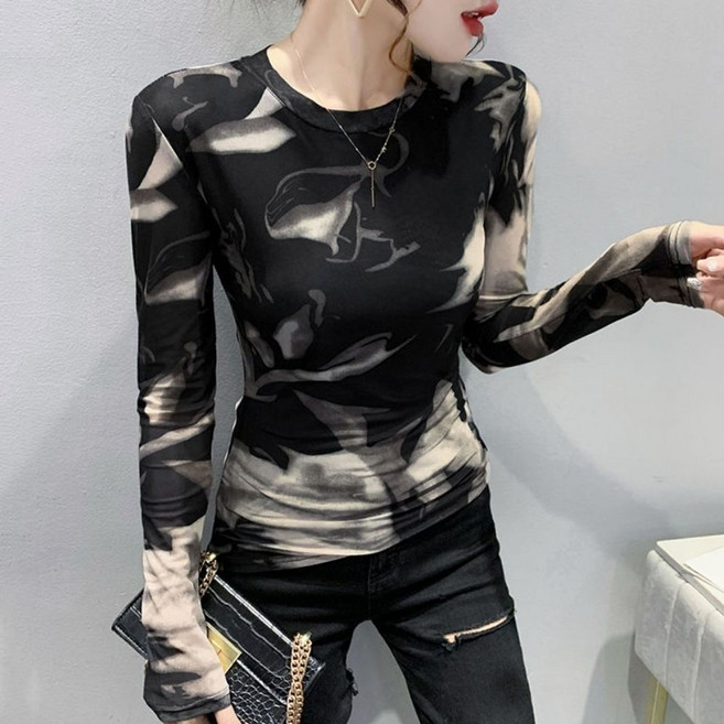 ROYALBELLE 여성 라운드넥 긴팔 물나염 프린트 티셔츠 슬림핏 시스루 섹시한 데일리 티셔츠 I091235