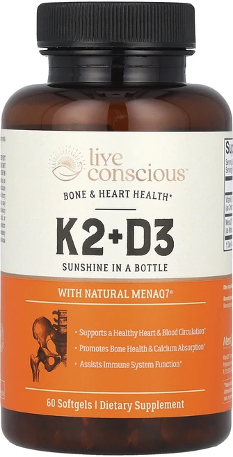 Live Conscious K2+D3 뼈 & 심장 건강 소프트젤 60정, LiveConsciousK2D3뼈심장건강소프트젤60정, 1개 - 쿠팡