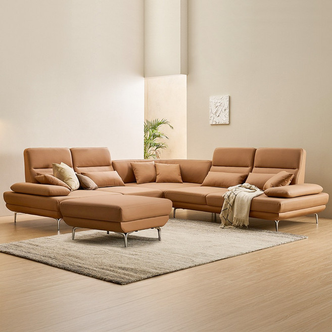 장인가구 도이 7인용 스윙 가죽 코너형 소파 (스툴 포함), 패브릭-아이보리